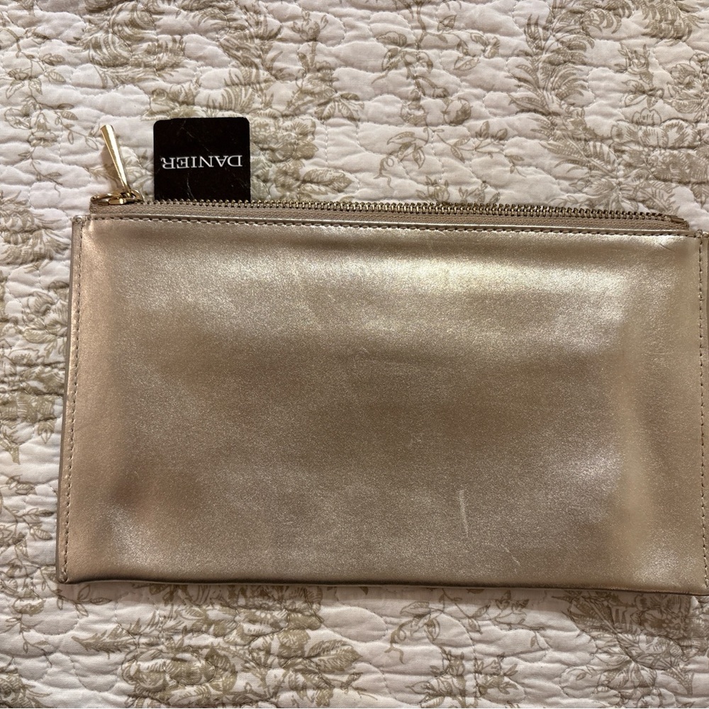 Danier Genuine Leather Gold Metallic Zip Clutch / Cosmetic Pouch